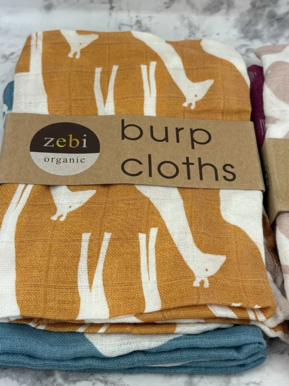*New Zebi Organic Burp Cloths Unisex Baby 2 Packages 4 Cloths Bird Giraffe
